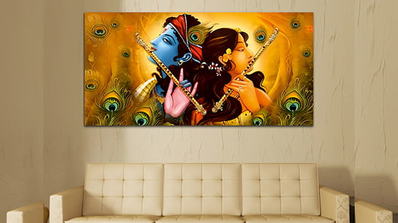 Radha Krishna Yellow-blue Canvas Wall Art Painting (WP_0380N)