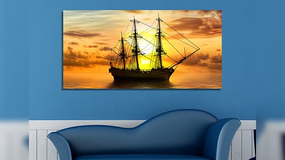 खूबसूरत सुनहरे सूर्यास्त में नौकायन जहाज की कैनवास आर्ट दीवार पेंटिंग (WP_0203N)