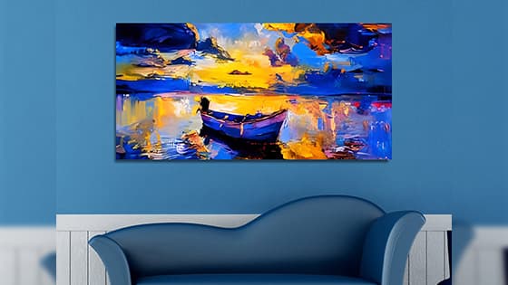 बादल सूर्यास्त और पानी में नाँव कैनवास दीवार पेंटिंग (WP_0208N)