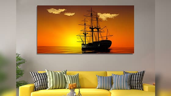 खूबसूरत सुनहरे सूर्यास्त में तैरते जहाज की कैनवास दीवार पेंटिंग (WP_0211N)
