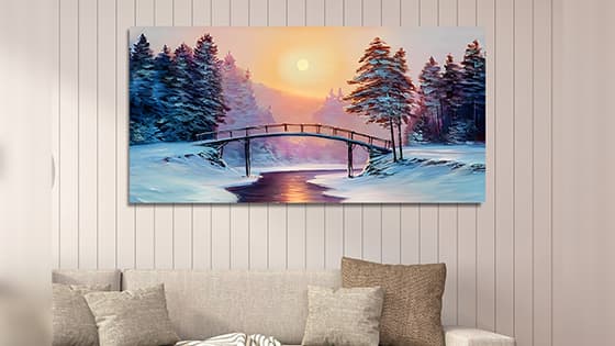 सर्दी और खूबसूरत सूर्योदय के साथ बर्फ के पेड़ की कैनवास दीवार पेंटिंग  (WP_0223F)